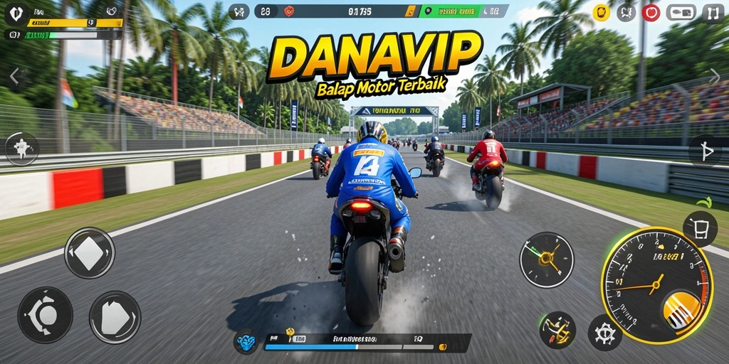 Screenshot gameplay menampilkan aksi balap motor yang intens.