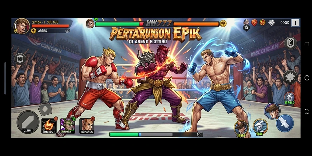 Tangkapan layar HW777 menampilkan pertarungan menegangkan antara dua karakter kuat.